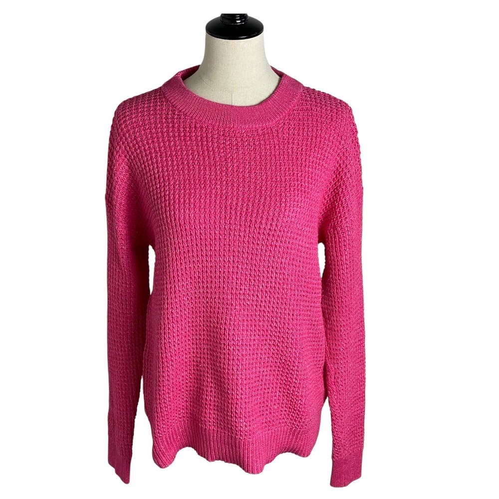 Time and Tru Womens Pink Waffle Knit Crewneck Sweater Recycled Polyester L 12-14 - Picture 2 of 8